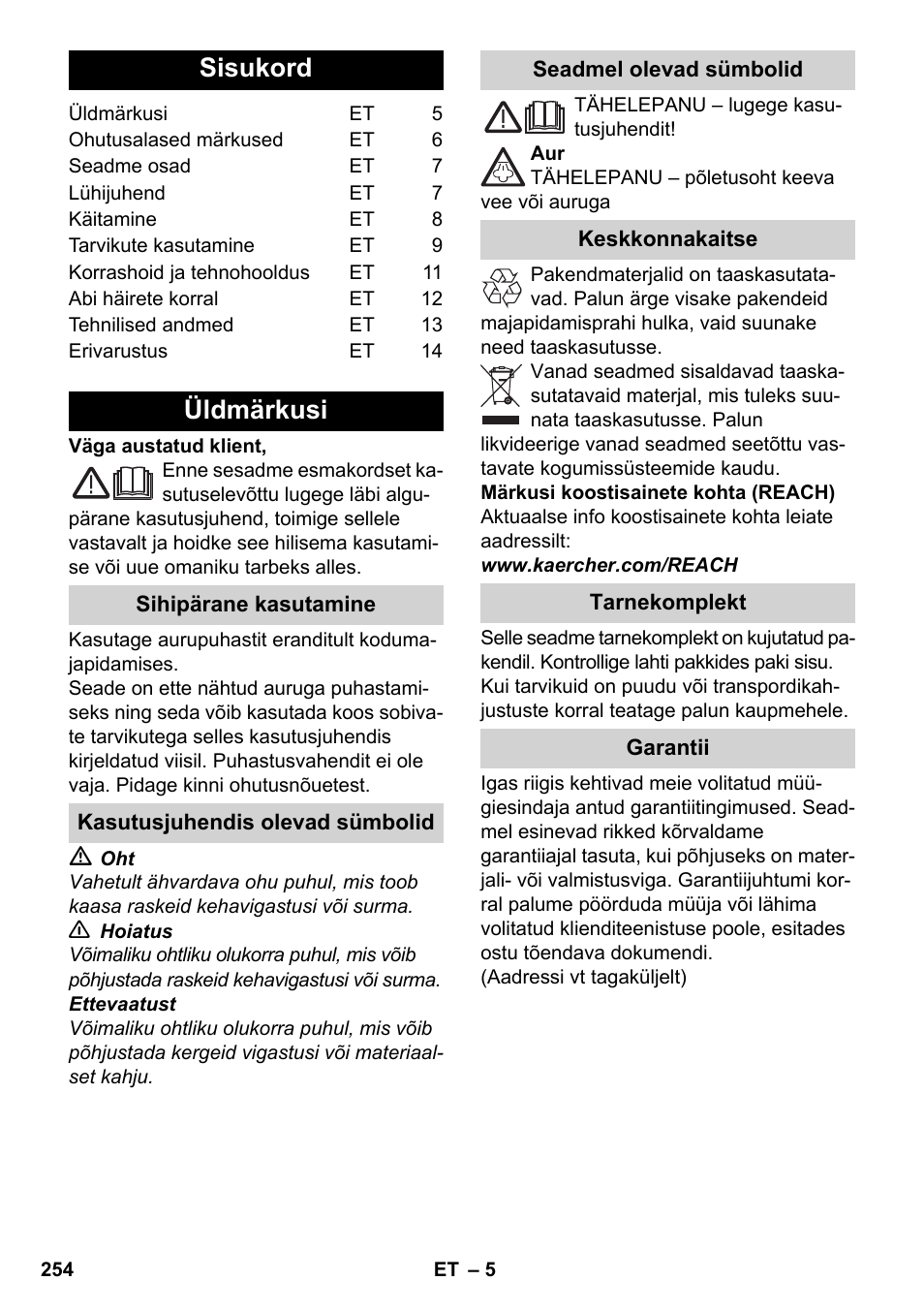 Eesti, Sisukord, Üldmärkusi | Karcher SC 5-800 C EU User Manual | Page 254 / 314