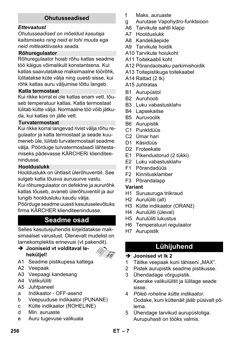 Seadme osad, Lühijuhend | Karcher SC 5-800 C EU User Manual | Page 256 / 314