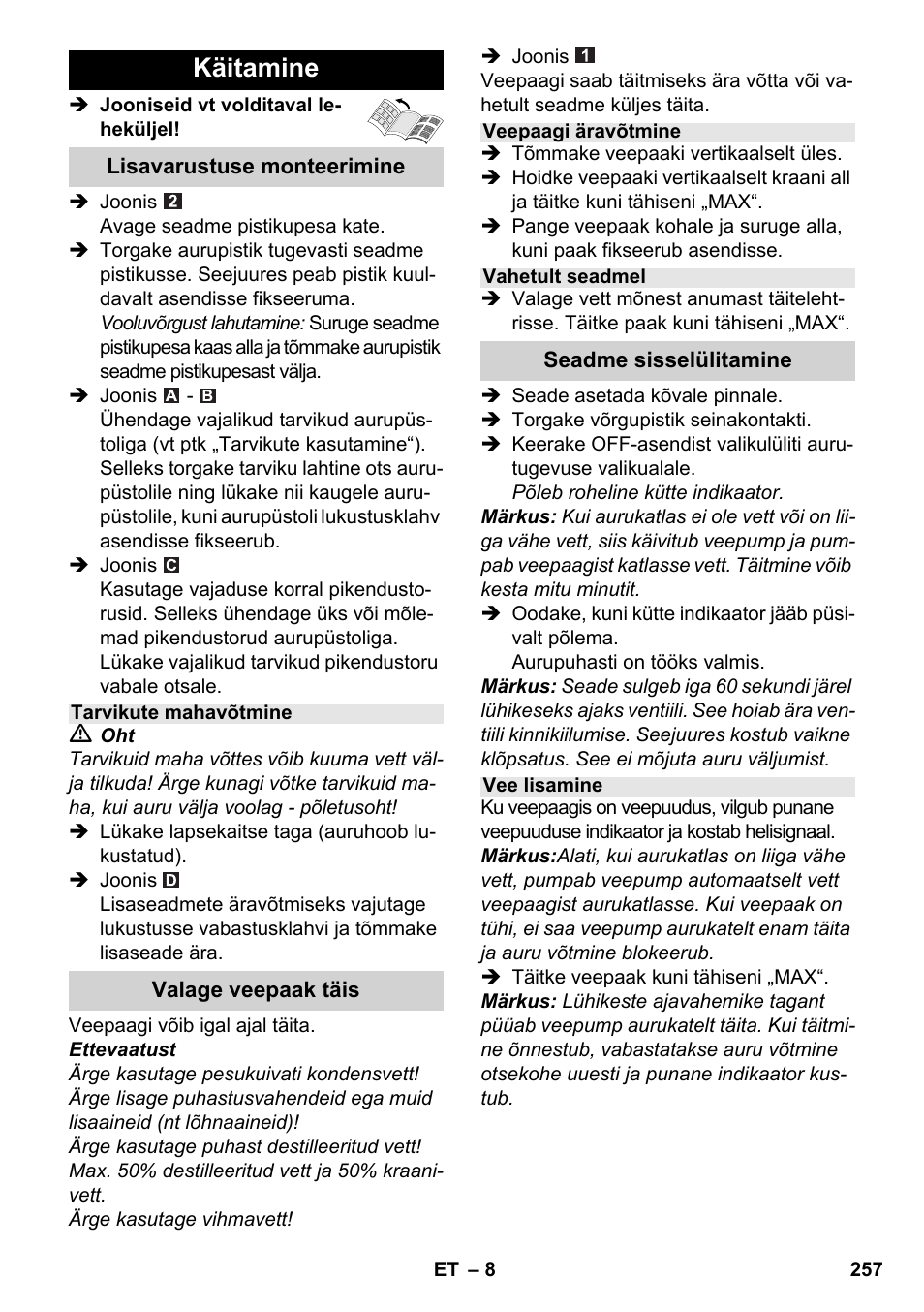 Käitamine | Karcher SC 5-800 C EU User Manual | Page 257 / 314