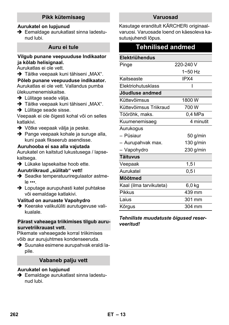 Tehnilised andmed | Karcher SC 5-800 C EU User Manual | Page 262 / 314
