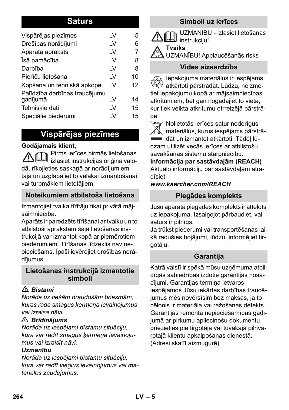 Latviešu, Saturs, Vispārējas piezīmes | Karcher SC 5-800 C EU User Manual | Page 264 / 314