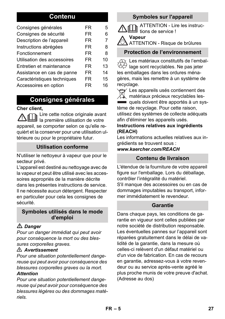 Français, Contenu, Consignes générales | Karcher SC 5-800 C EU User Manual | Page 27 / 314