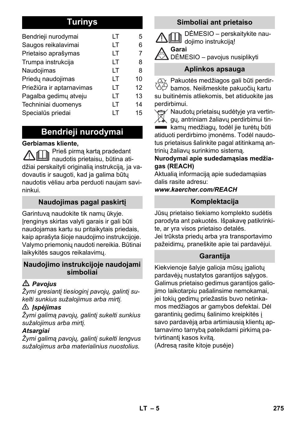 Lietuviškai, Turinys, Bendrieji nurodymai | Karcher SC 5-800 C EU User Manual | Page 275 / 314