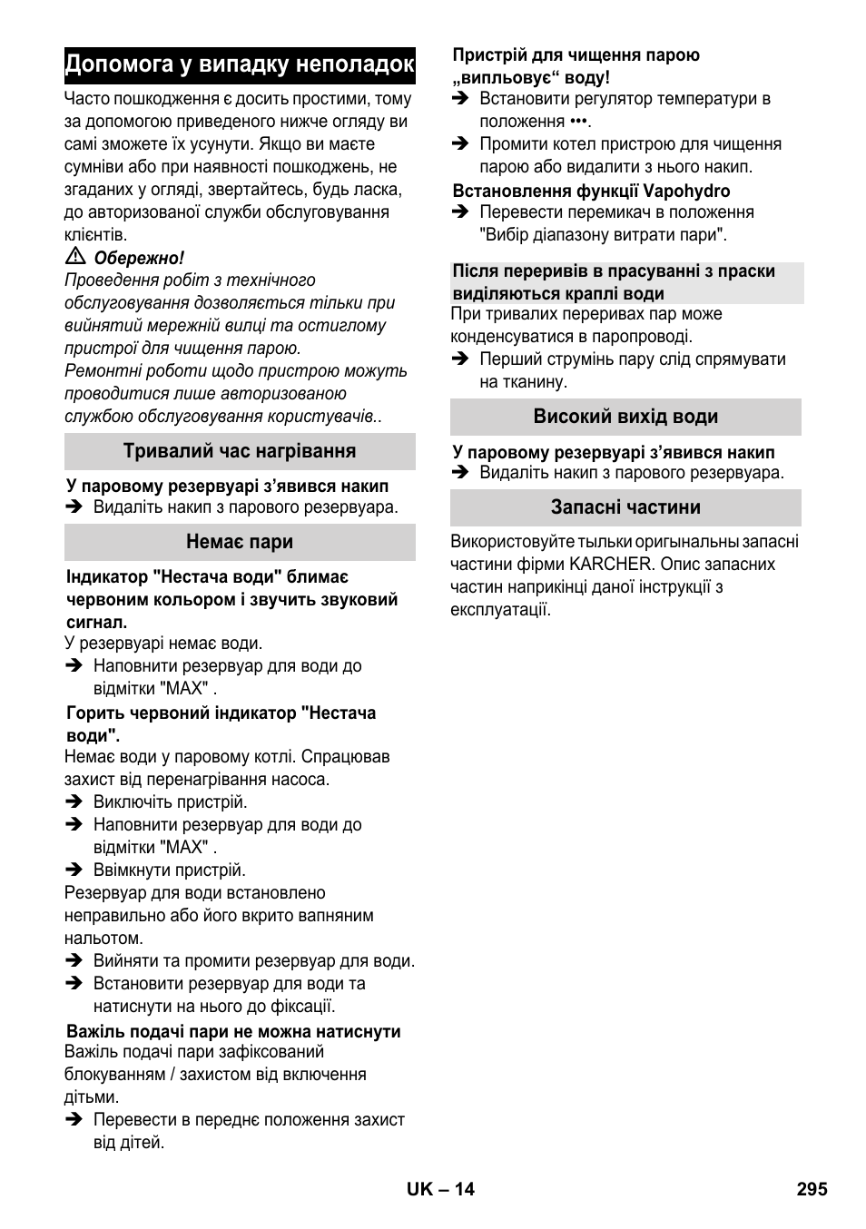 Допомога у випадку неполадок | Karcher SC 5-800 C EU User Manual | Page 295 / 314