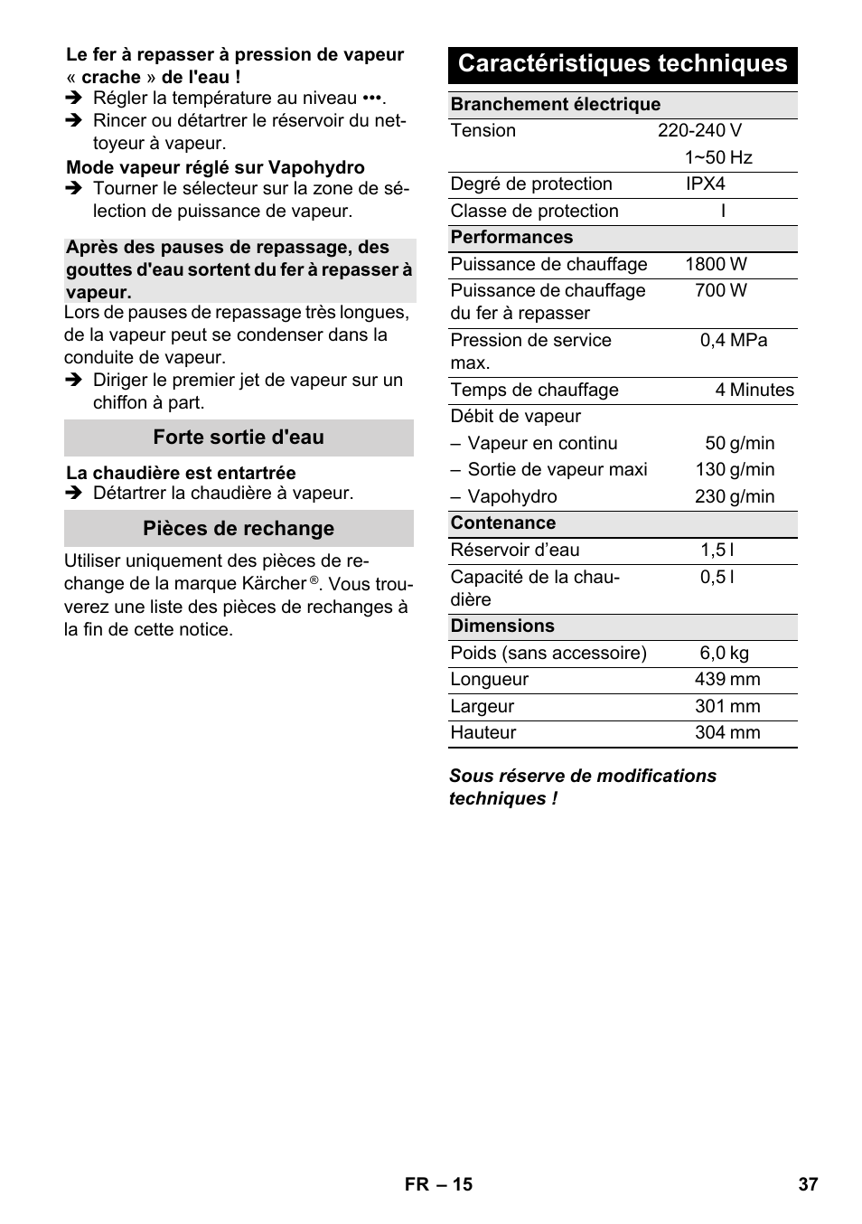 Caractéristiques techniques | Karcher SC 5-800 C EU User Manual | Page 37 / 314