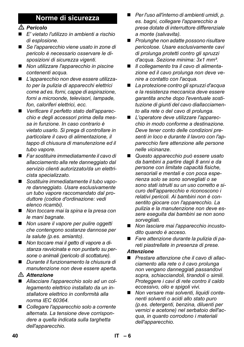 Norme di sicurezza | Karcher SC 5-800 C EU User Manual | Page 40 / 314