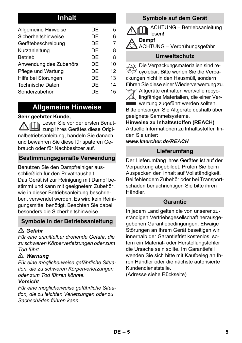 Deutsch, Inhalt, Allgemeine hinweise | Karcher SC 5-800 C EU User Manual | Page 5 / 314