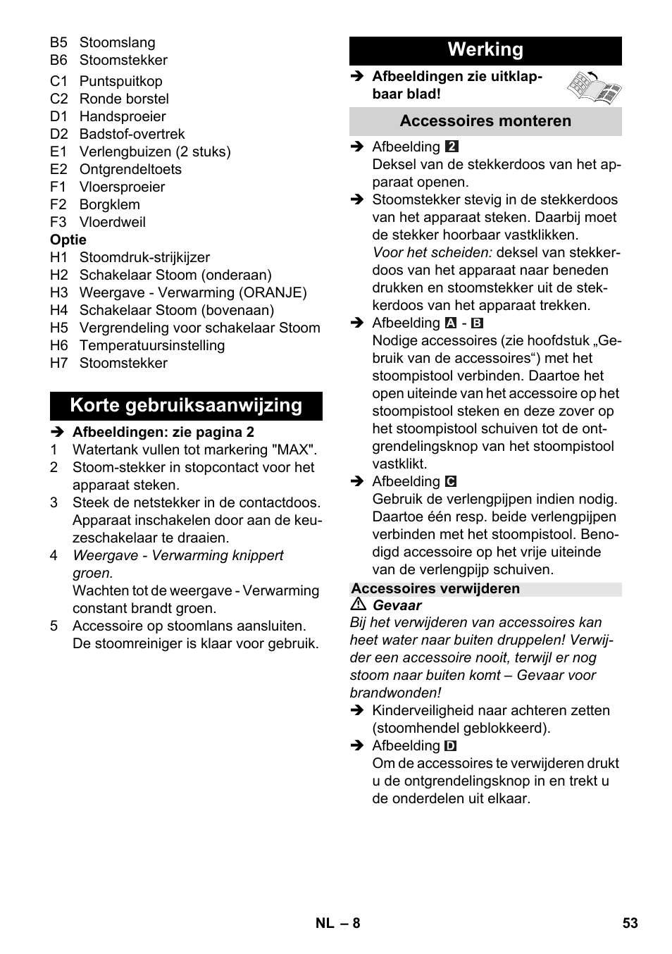 Korte gebruiksaanwijzing werking | Karcher SC 5-800 C EU User Manual | Page 53 / 314