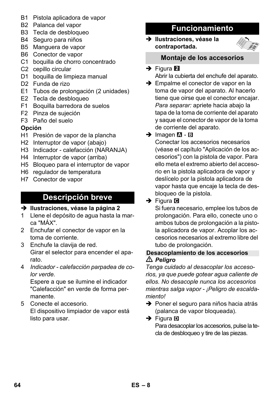 Descripción breve funcionamiento | Karcher SC 5-800 C EU User Manual | Page 64 / 314