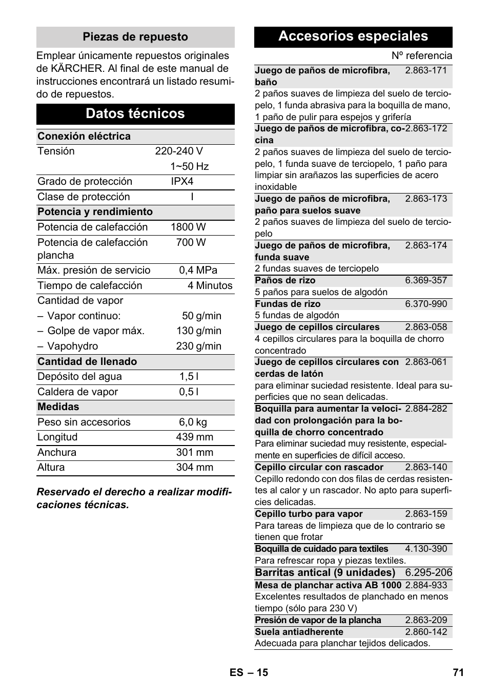 Datos técnicos, Accesorios especiales | Karcher SC 5-800 C EU User Manual | Page 71 / 314