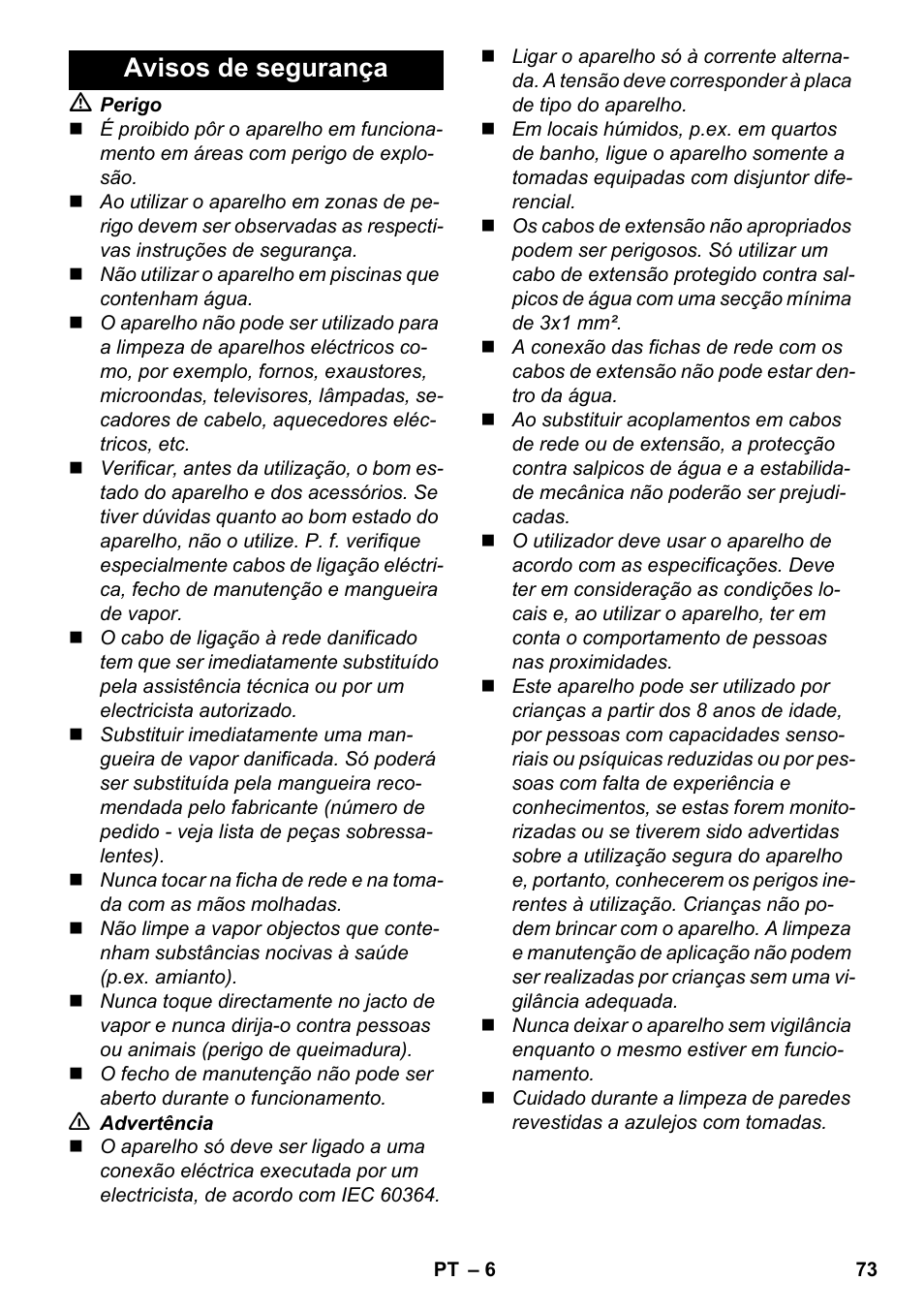 Avisos de segurança | Karcher SC 5-800 C EU User Manual | Page 73 / 314