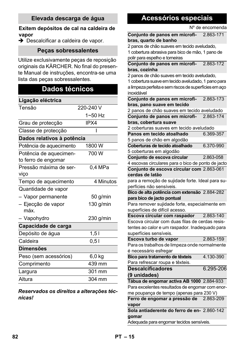 Dados técnicos, Acessórios especiais | Karcher SC 5-800 C EU User Manual | Page 82 / 314