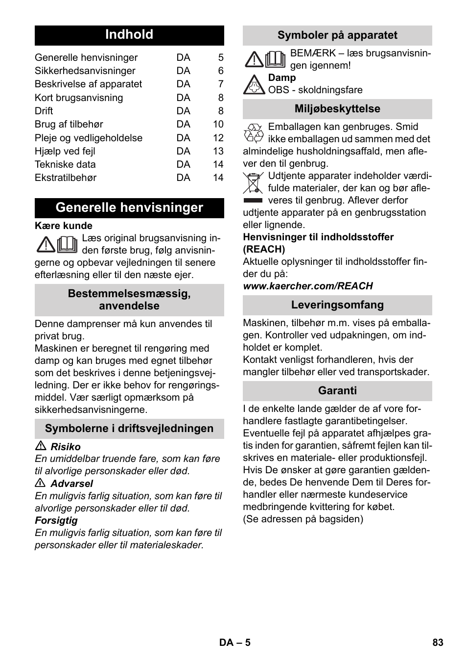 Dansk, Indhold, Generelle henvisninger | Karcher SC 5-800 C EU User Manual | Page 83 / 314