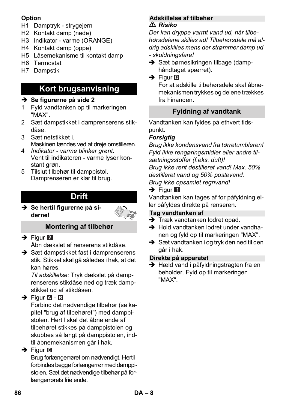 Kort brugsanvisning drift | Karcher SC 5-800 C EU User Manual | Page 86 / 314