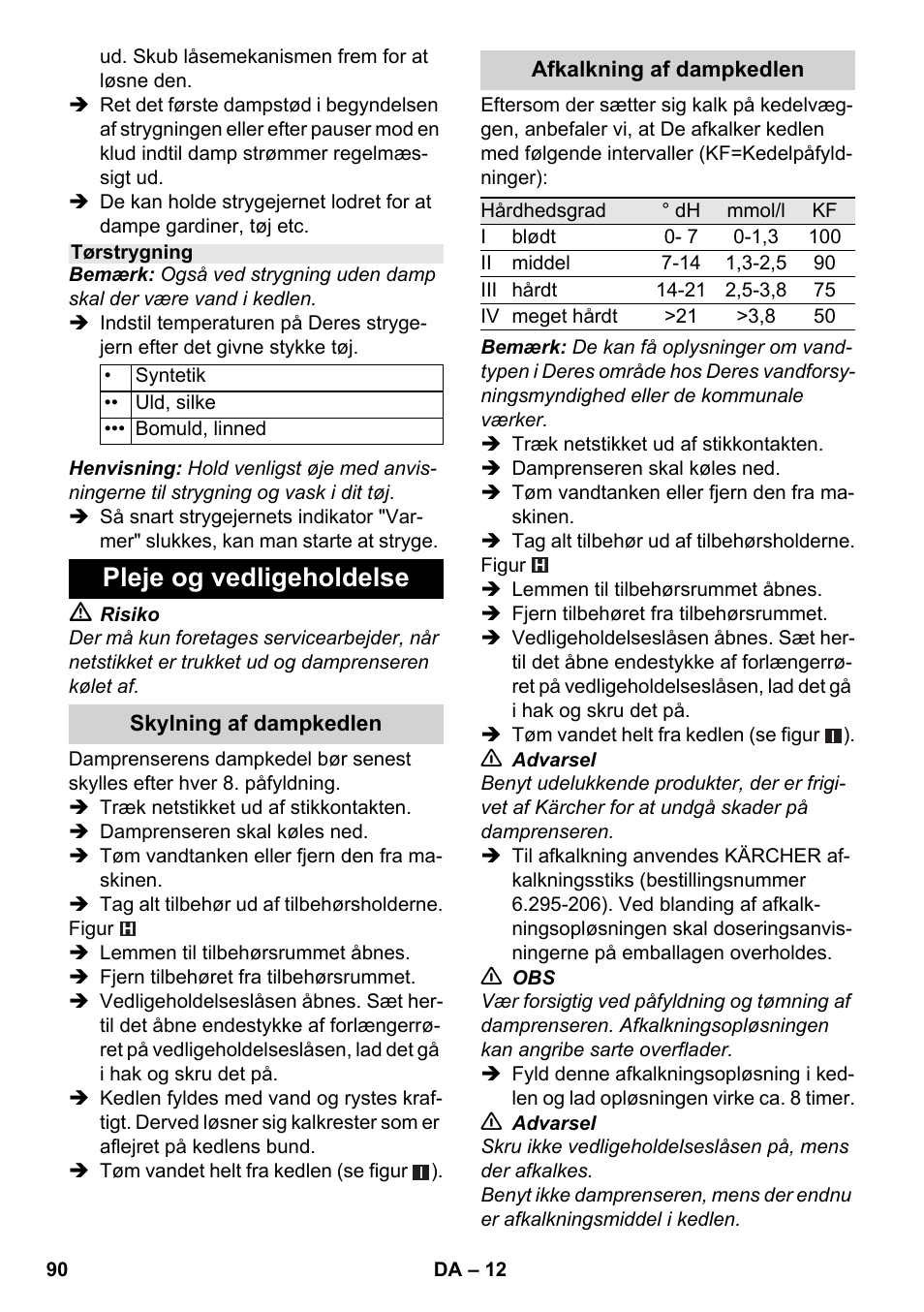 Pleje og vedligeholdelse | Karcher SC 5-800 C EU User Manual | Page 90 / 314