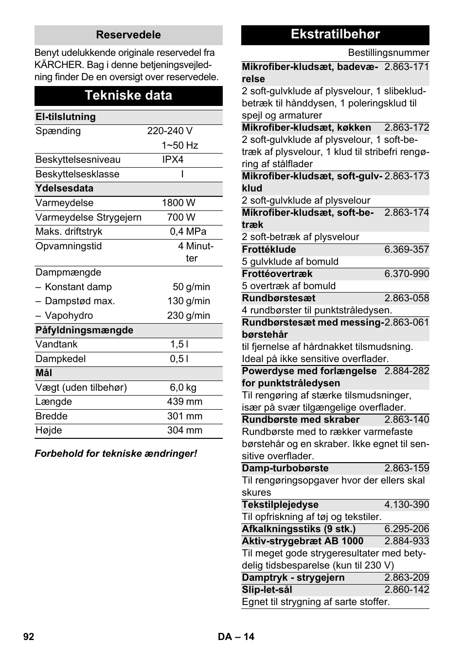 Tekniske data, Ekstratilbehør | Karcher SC 5-800 C EU User Manual | Page 92 / 314