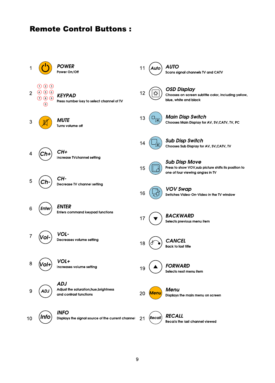 Remote control buttons | Audiovox FP1510 User Manual | Page 10 / 43
