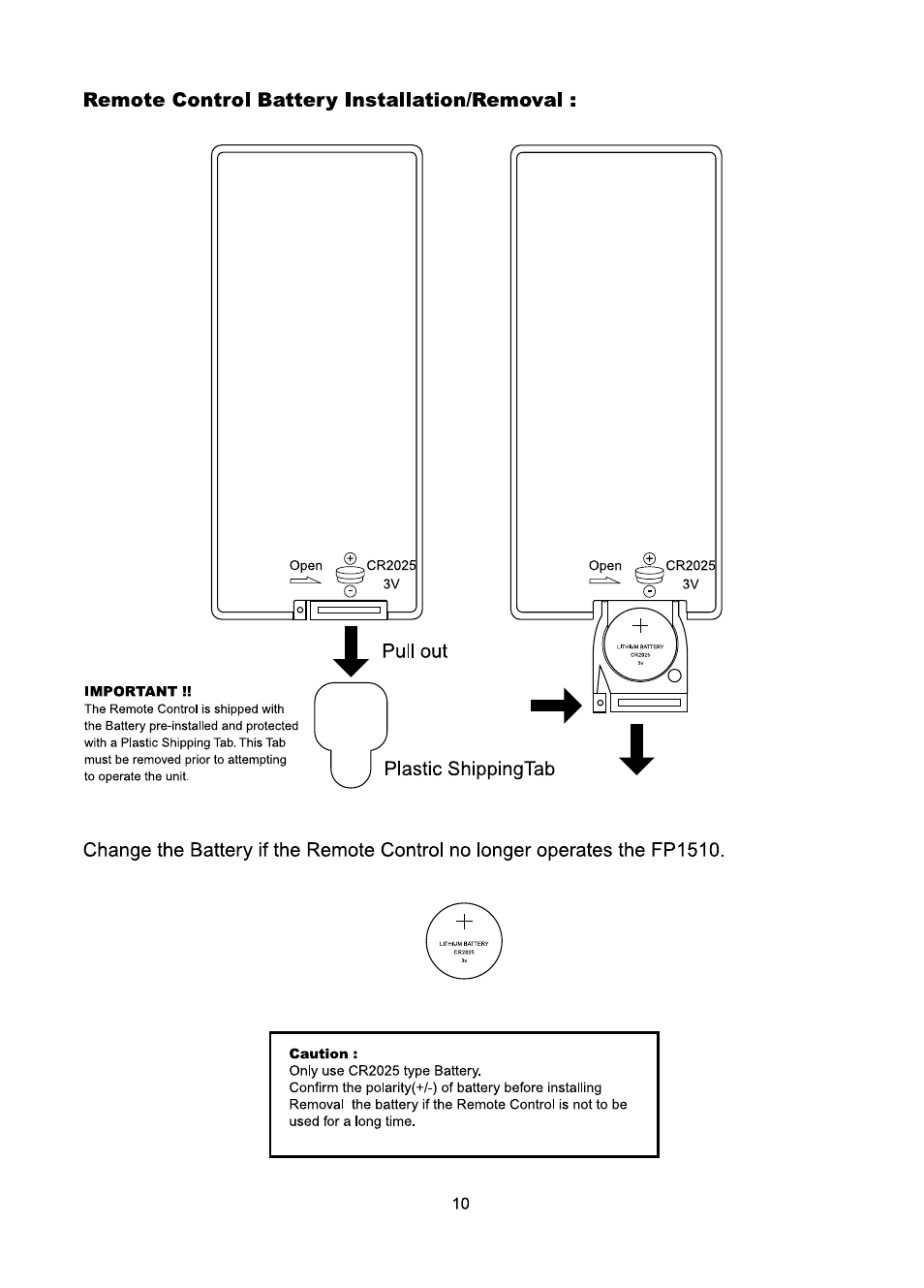 Remote control battery installation/removal | Audiovox FP1510 User Manual | Page 11 / 43