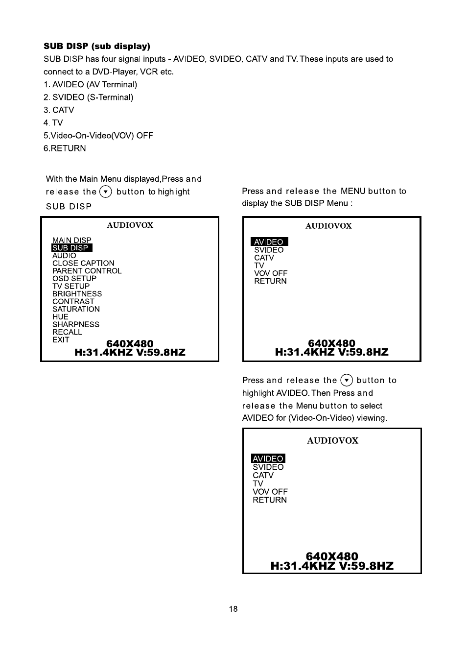 Sub disp (sub display), 640x480, H:31.4khz v:59.8hz | Audiovox FP1510 User Manual | Page 19 / 43