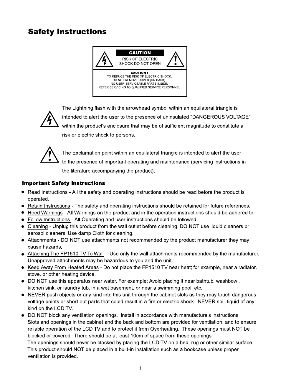 Safety instructions, Important safety instructions | Audiovox FP1510 User Manual | Page 2 / 43