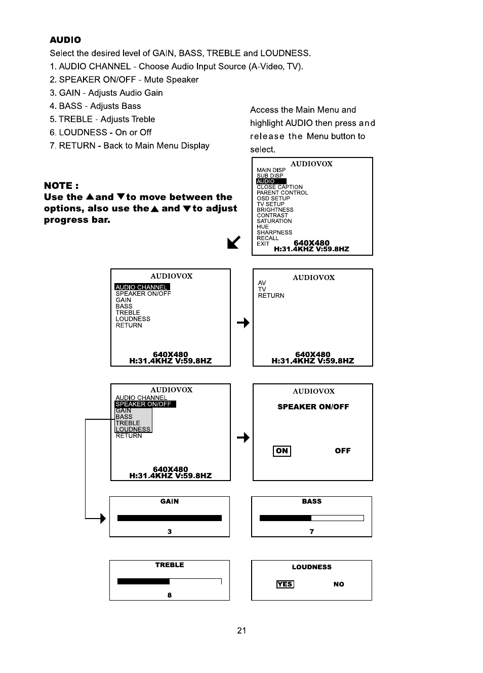 Audio, Note | Audiovox FP1510 User Manual | Page 22 / 43