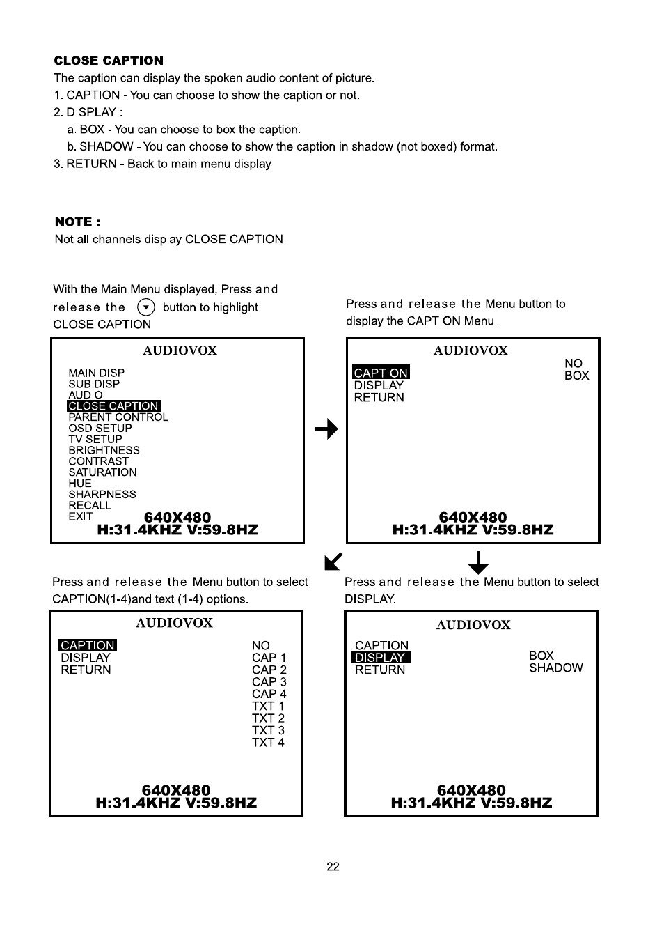 Exit 640x480, H:31.4khz v:59.8hz, 640x480 | Audiovox FP1510 User Manual | Page 23 / 43