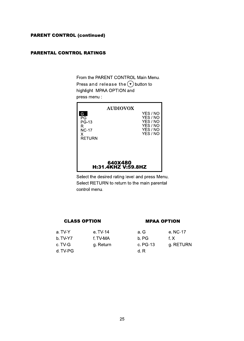 Parental control ratings | Audiovox FP1510 User Manual | Page 26 / 43