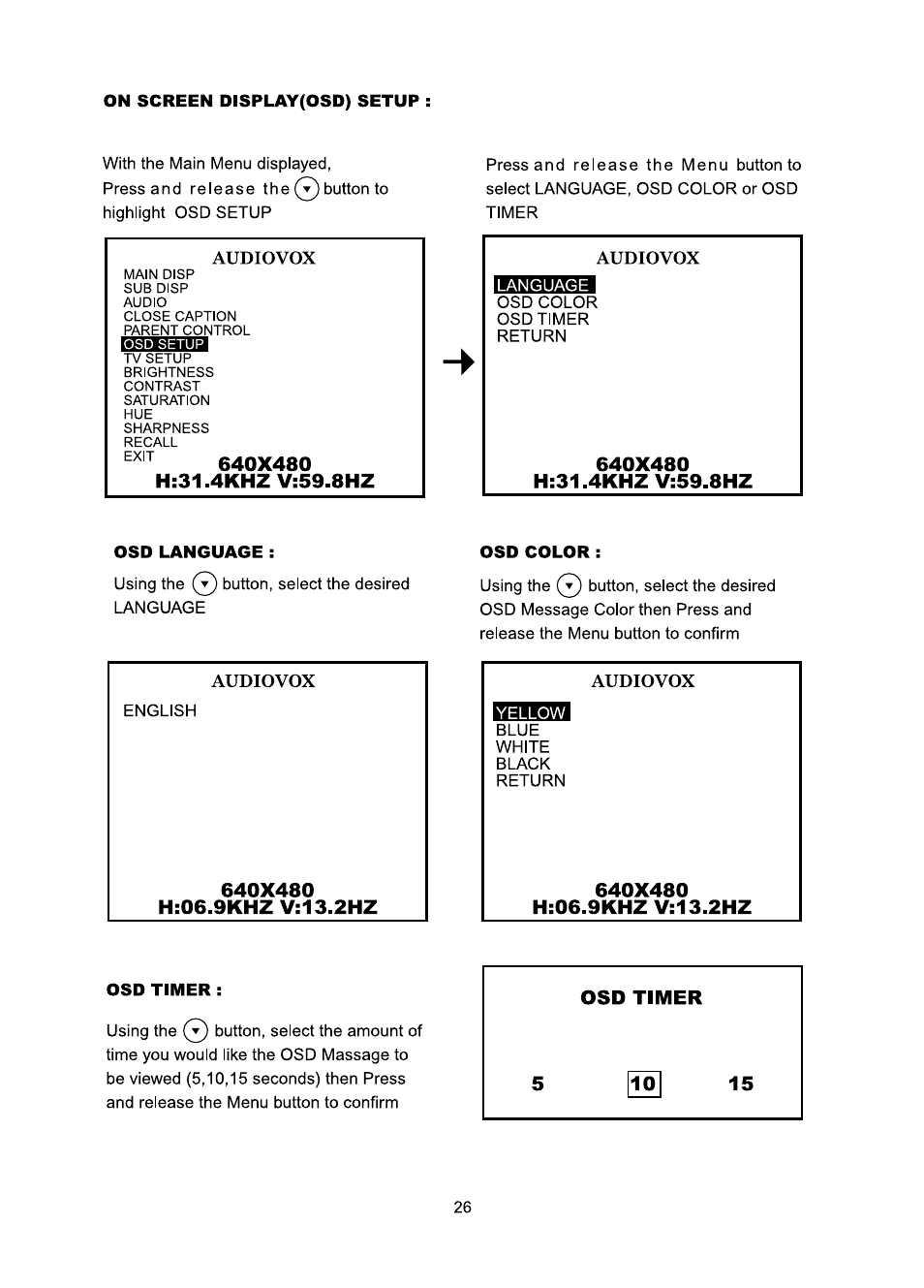Osd language, Osd color, Osd timer | Audiovox FP1510 User Manual | Page 27 / 43