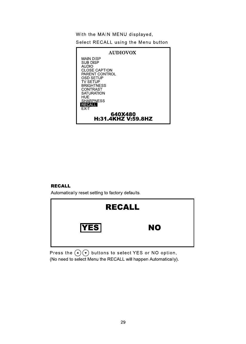 640x480, H:31.4khz v:59.8hz, Recall | Audiovox | Audiovox FP1510 User Manual | Page 30 / 43