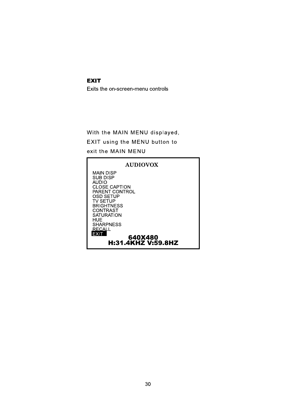 Exit, 640x480 h:31.4khz v:59.8hz, Audiovox | Audiovox FP1510 User Manual | Page 31 / 43