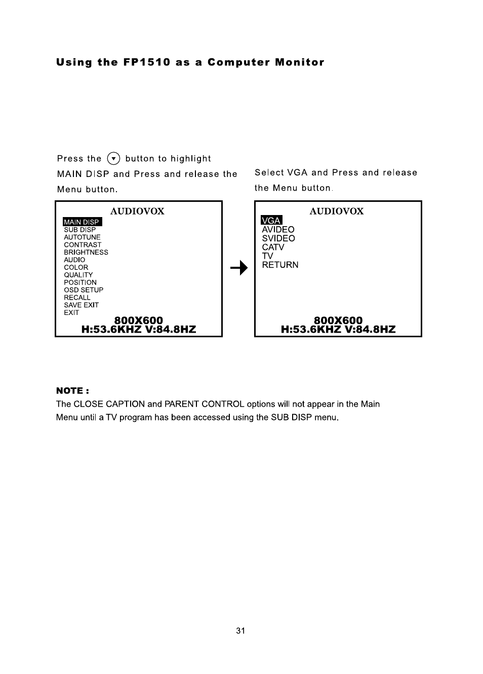 Using the fp1510 as a computer monitor, Note | Audiovox FP1510 User Manual | Page 32 / 43