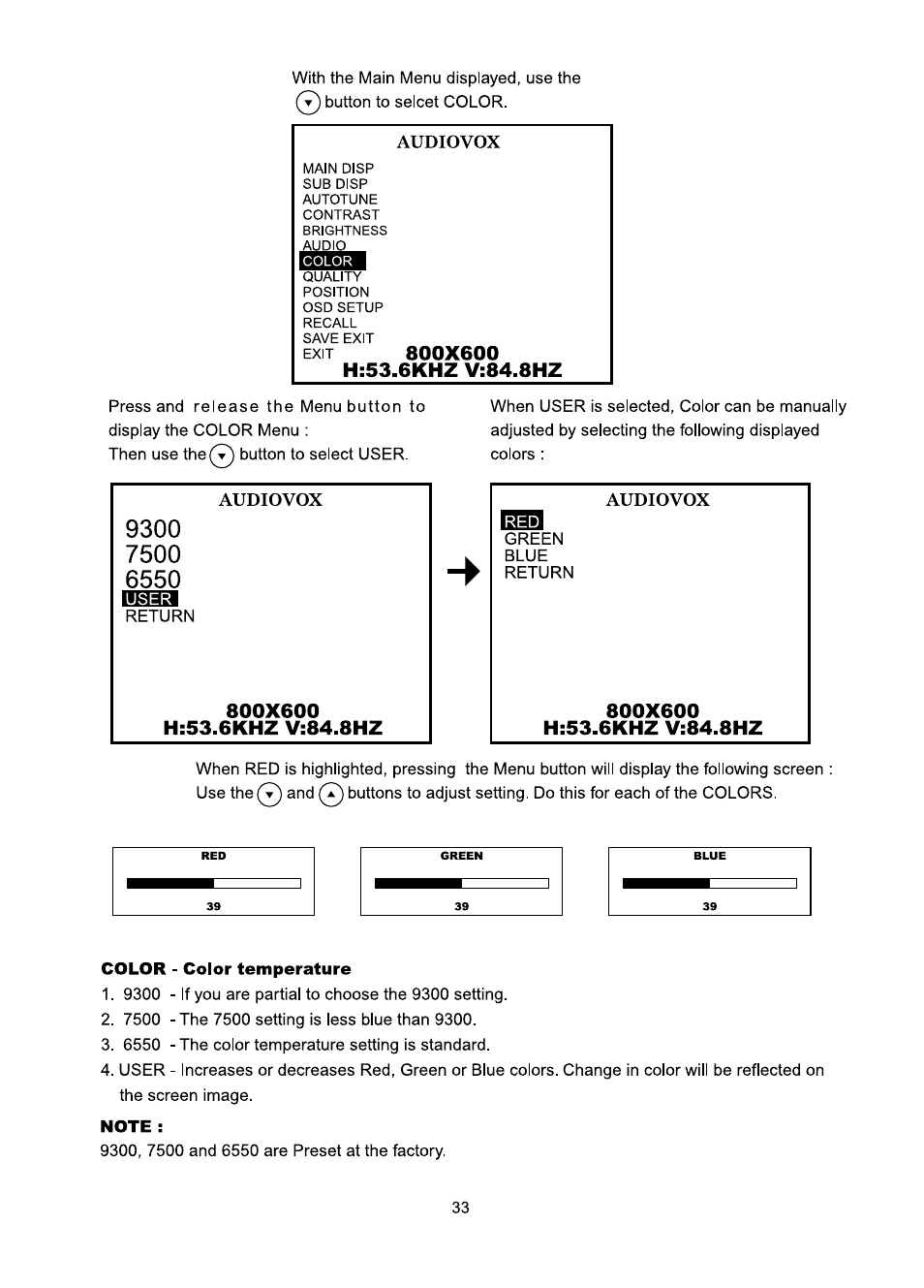 800x600, H:53.6khz v:84.8hz, Color - color temperature | Note | Audiovox FP1510 User Manual | Page 34 / 43