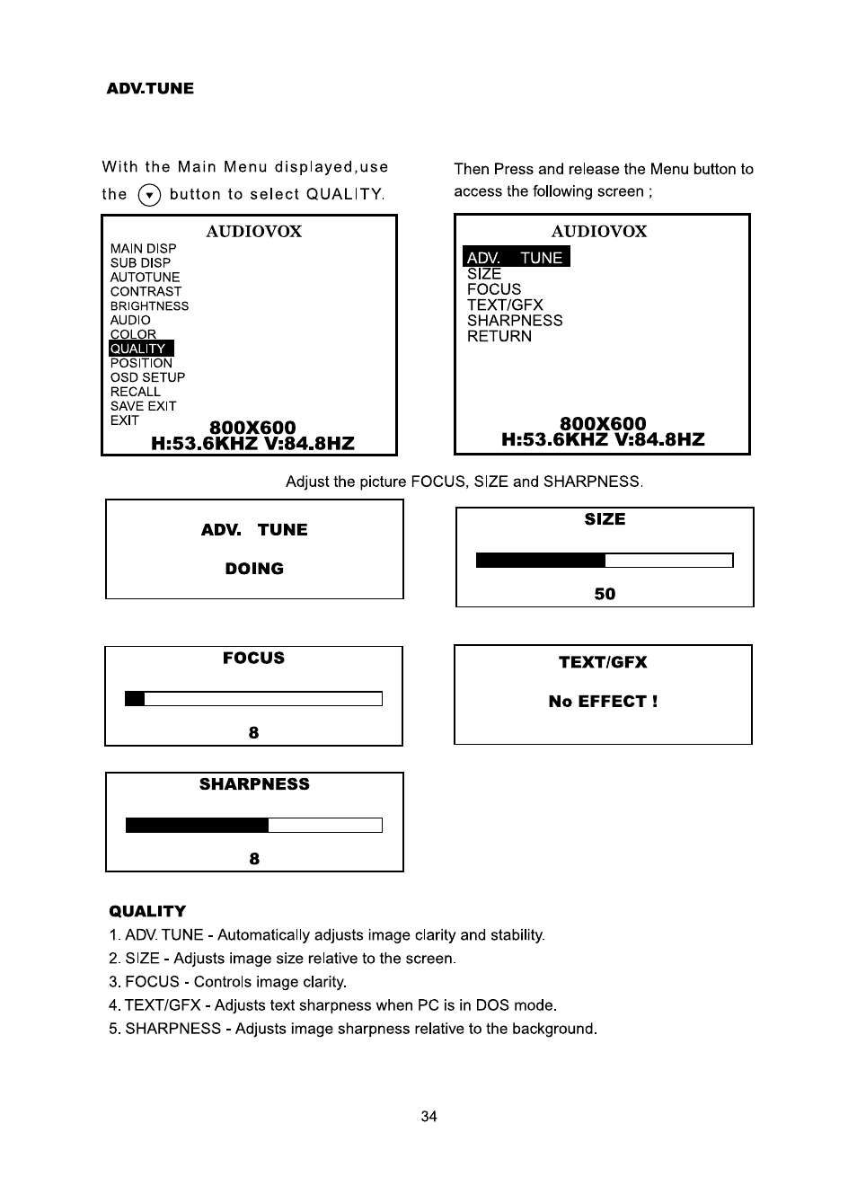 800x600, H:53.6khz v:84.8hz, Focus | Quality | Audiovox FP1510 User Manual | Page 35 / 43