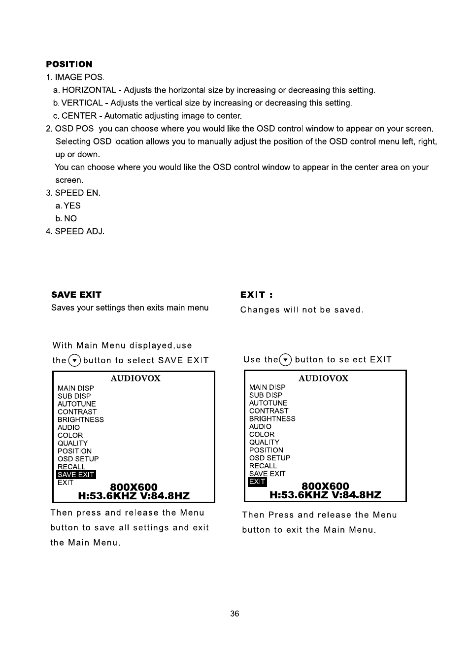 Position, Save exit, Audiovox | Audiovox FP1510 User Manual | Page 37 / 43