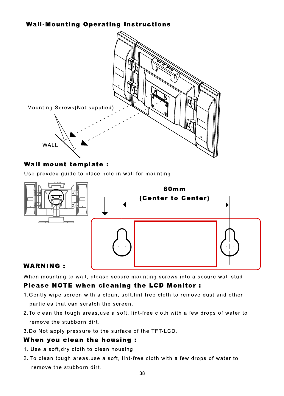 Wall-mounting operating instructions, Please note when cleaning the lcd monitor, When you clean the housing | Audiovox FP1510 User Manual | Page 39 / 43