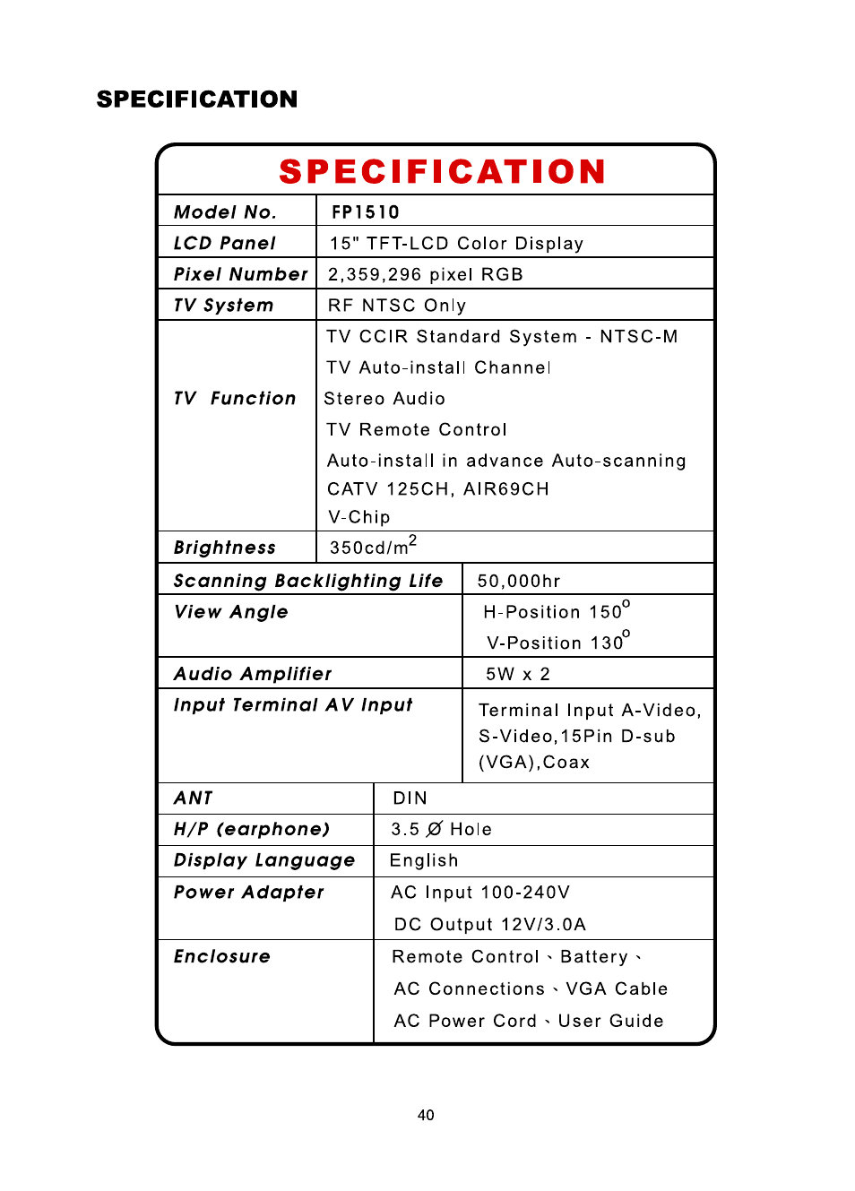 Specification | Audiovox FP1510 User Manual | Page 41 / 43