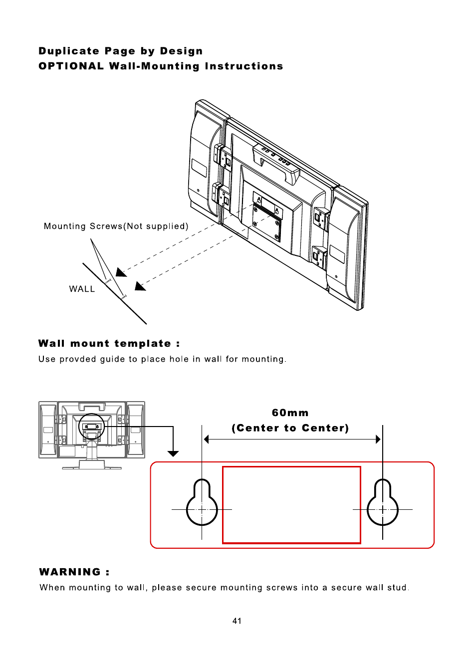 Wall mount template, Warning | Audiovox FP1510 User Manual | Page 42 / 43