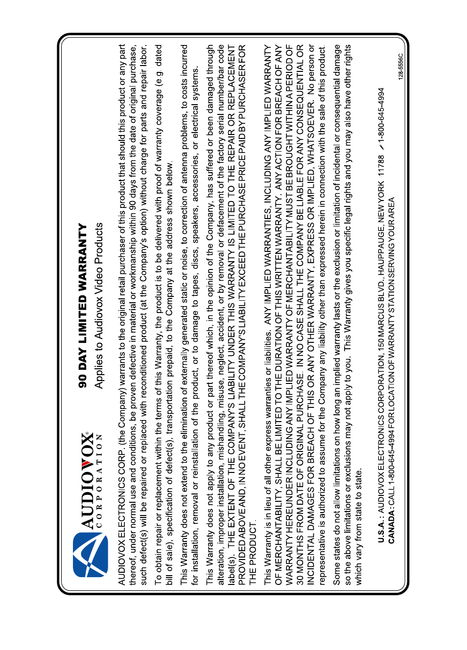 90 day limited warranty, Audiovox | Audiovox FP1510 User Manual | Page 43 / 43