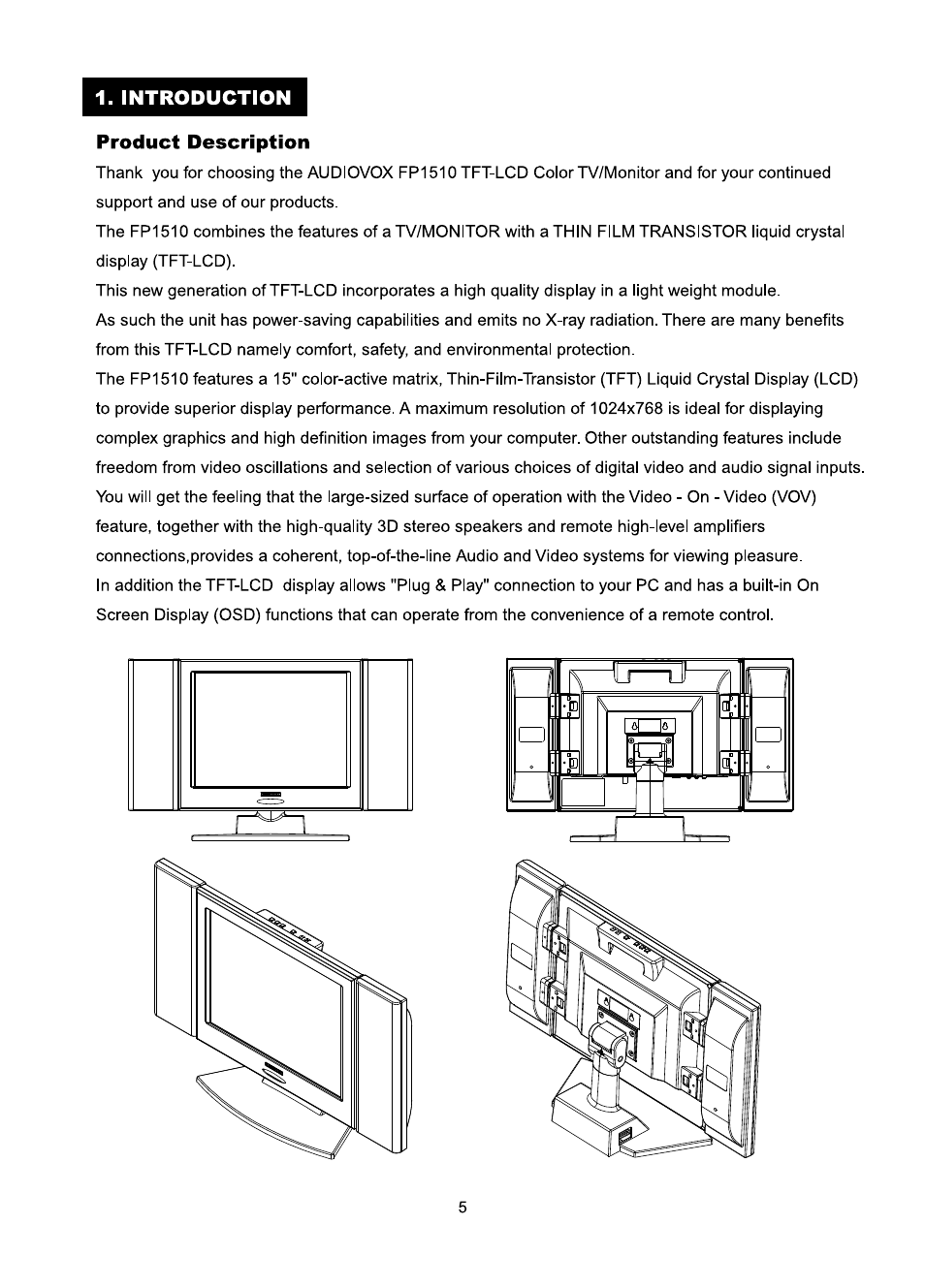 Introduction, Product description | Audiovox FP1510 User Manual | Page 6 / 43