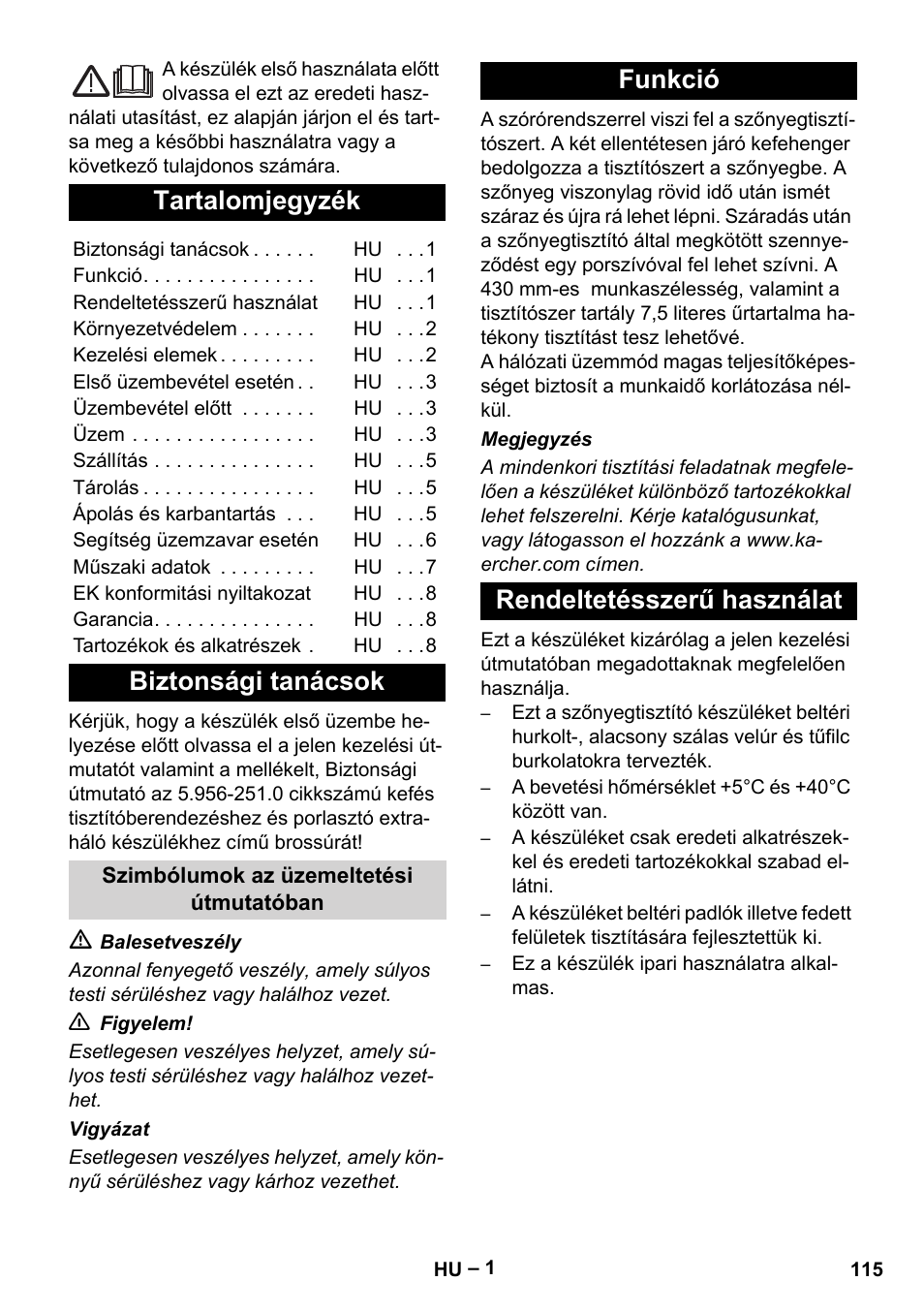 Magyar, Tartalomjegyzék, Biztonsági tanácsok | Funkció rendeltetésszerű használat | Karcher BRS 43-500 C User Manual | Page 115 / 220