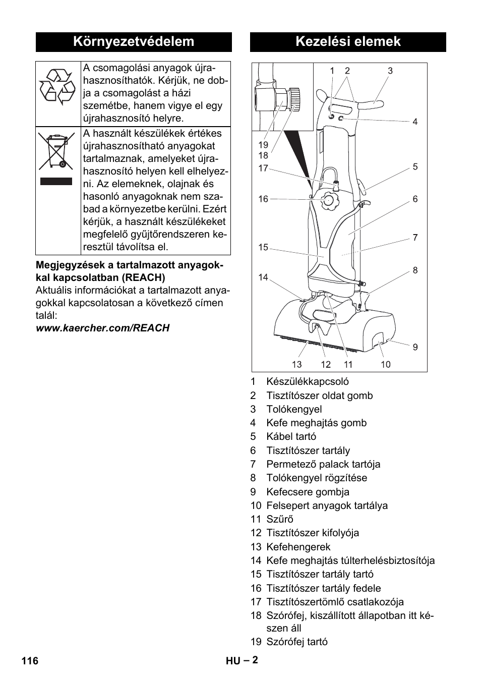 Környezetvédelem, Kezelési elemek | Karcher BRS 43-500 C User Manual | Page 116 / 220