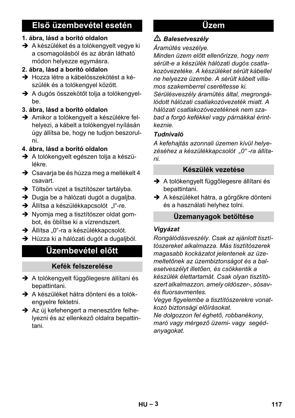 Első üzembevétel esetén üzembevétel előtt, Üzem | Karcher BRS 43-500 C User Manual | Page 117 / 220