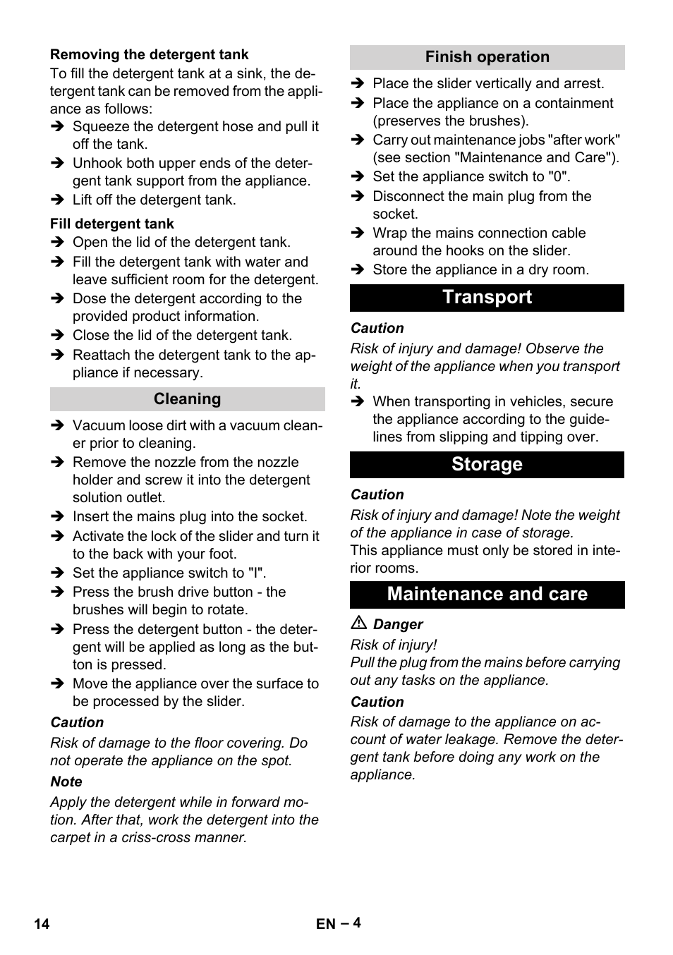 Transport storage maintenance and care | Karcher BRS 43-500 C User Manual | Page 14 / 220