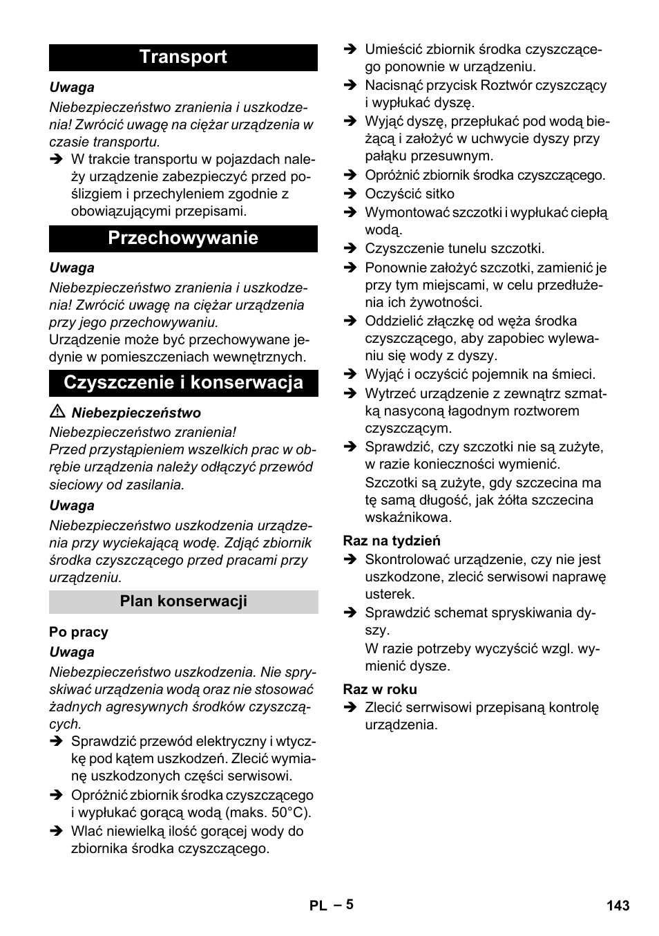 Transport przechowywanie czyszczenie i konserwacja | Karcher BRS 43-500 C User Manual | Page 143 / 220