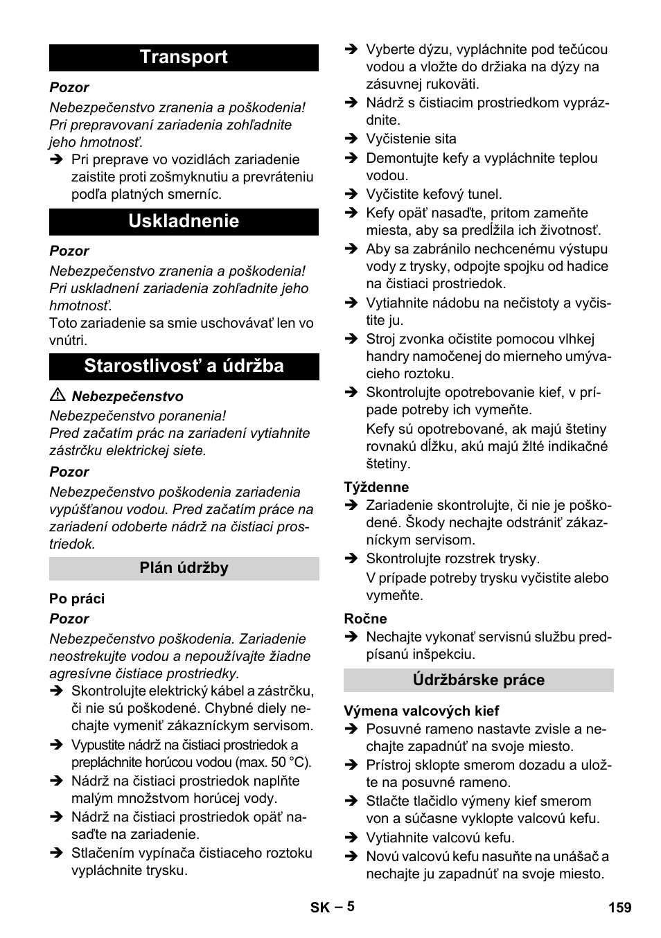 Transport uskladnenie starostlivosť a údržba | Karcher BRS 43-500 C User Manual | Page 159 / 220