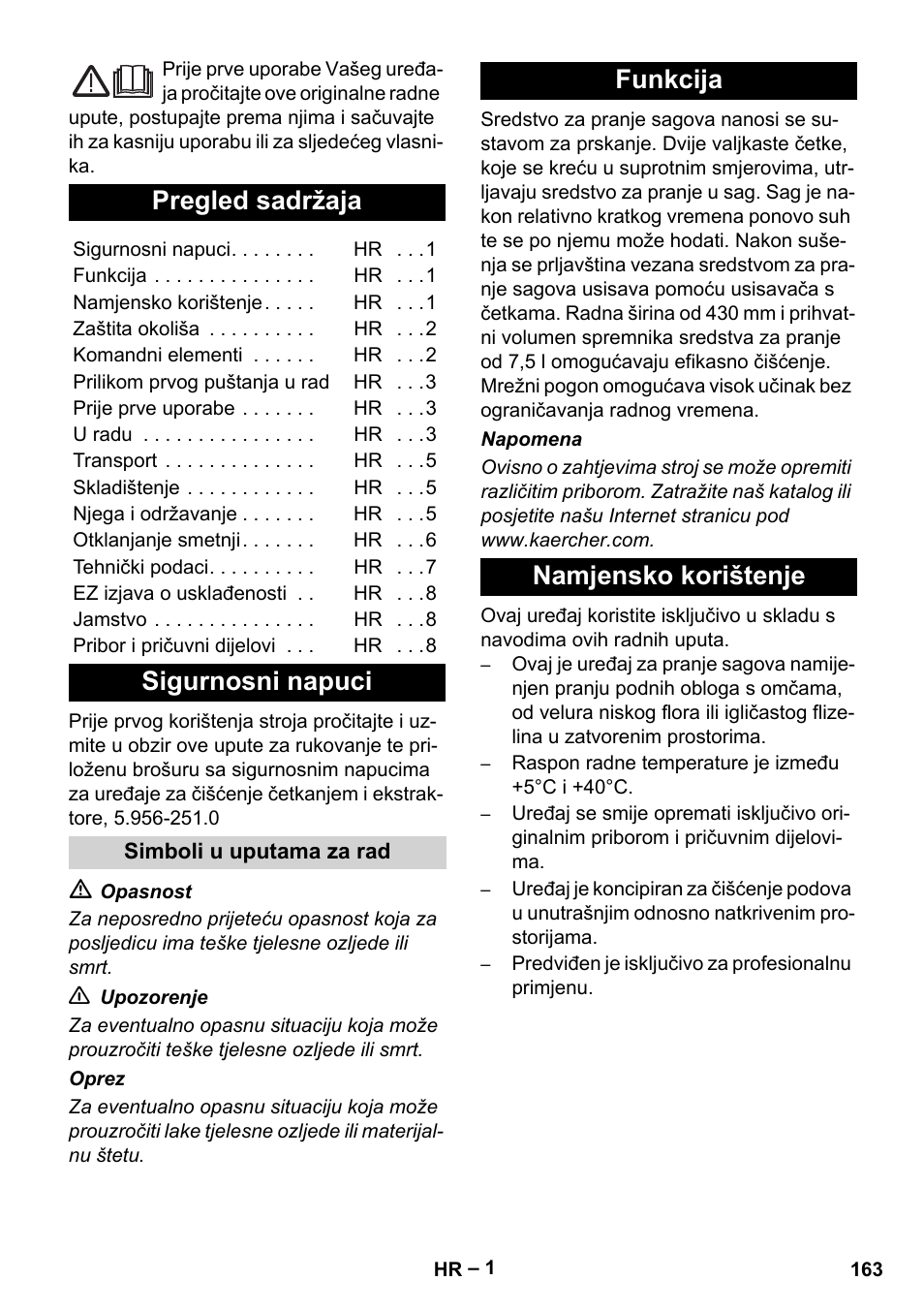 Hrvatski, Pregled sadržaja, Sigurnosni napuci | Funkcija namjensko korištenje | Karcher BRS 43-500 C User Manual | Page 163 / 220