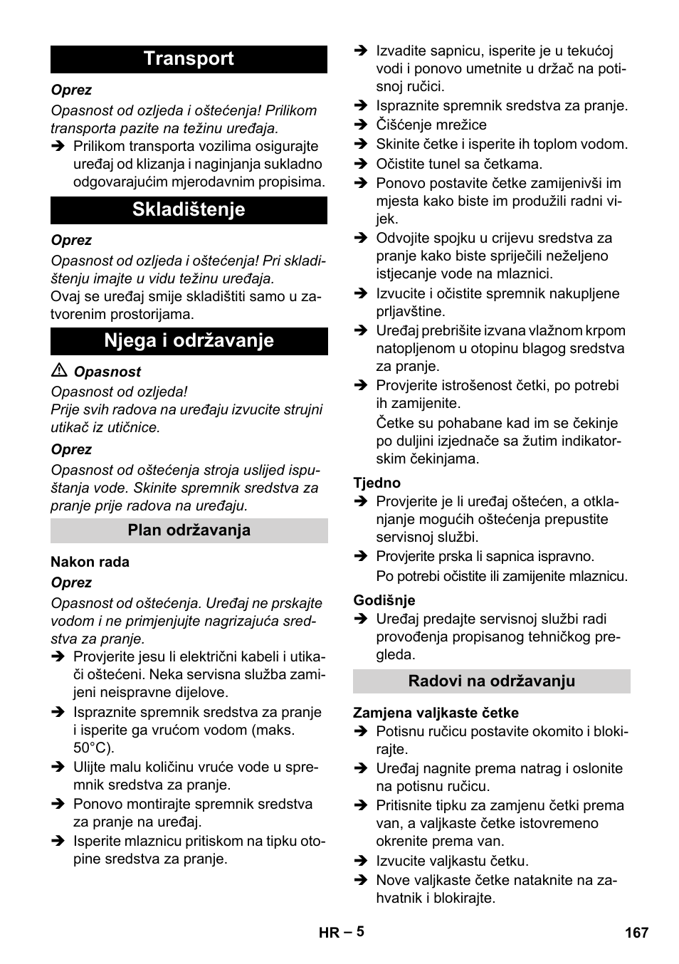 Transport skladištenje njega i održavanje | Karcher BRS 43-500 C User Manual | Page 167 / 220