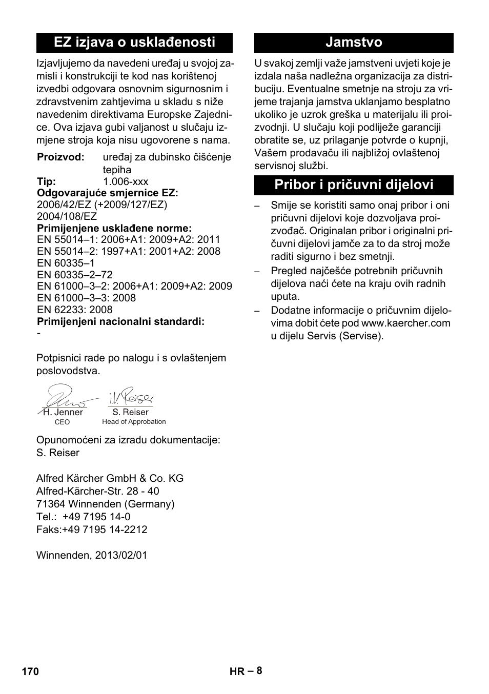 Ez izjava o usklađenosti, Jamstvo pribor i pričuvni dijelovi | Karcher BRS 43-500 C User Manual | Page 170 / 220