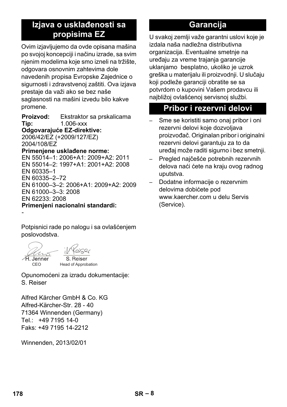 Izjava o usklađenosti sa propisima ez, Garancija pribor i rezervni delovi | Karcher BRS 43-500 C User Manual | Page 178 / 220