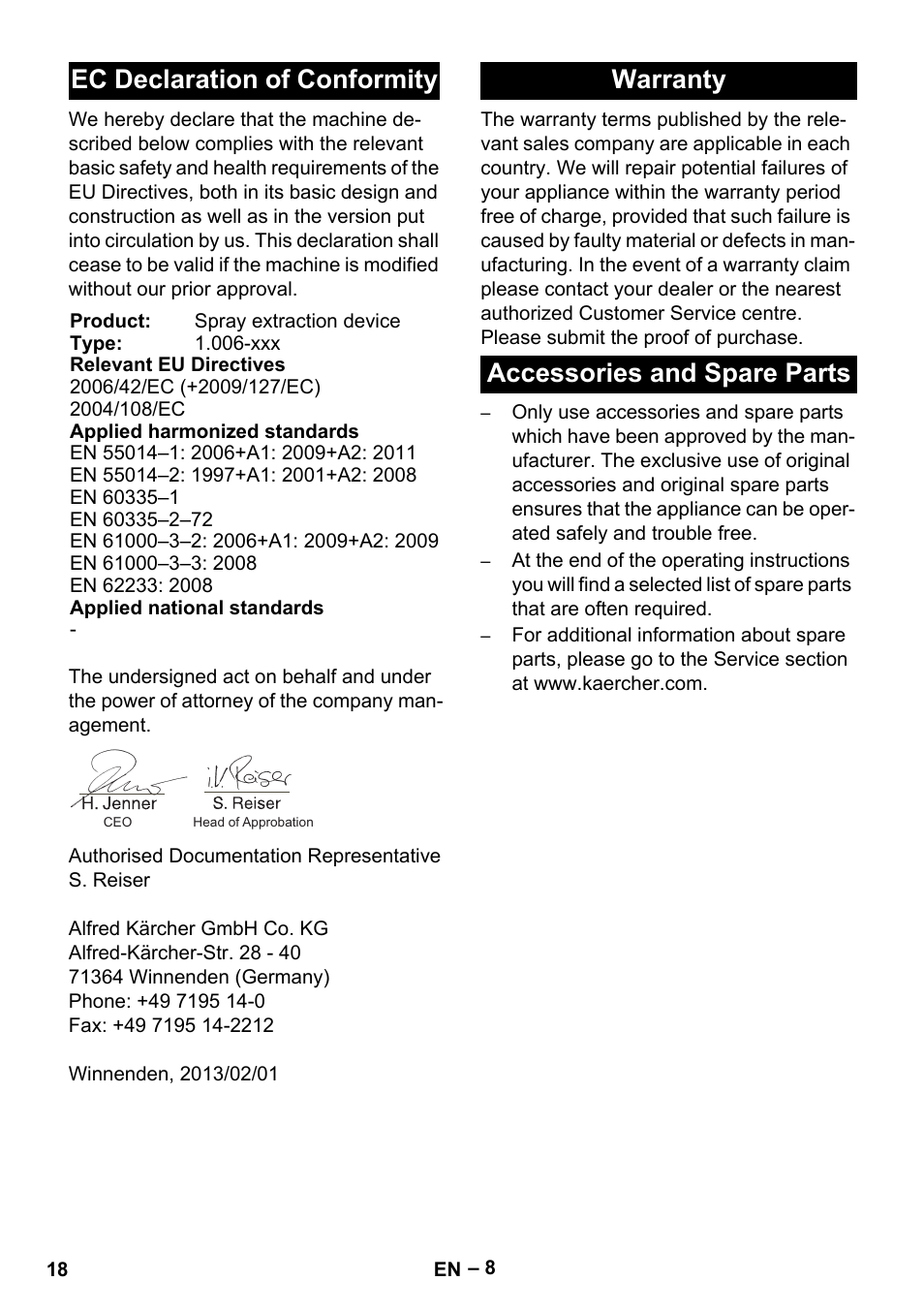 Ec declaration of conformity, Warranty accessories and spare parts | Karcher BRS 43-500 C User Manual | Page 18 / 220